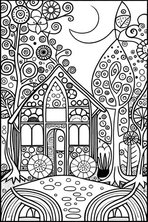 Black and white vector illustration of a fairy house in the forest.の素材