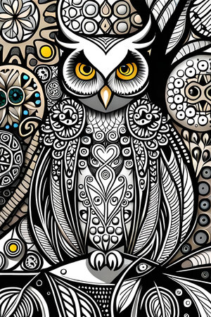 Owl with ornamental pattern on black background. Vector illustration.の素材