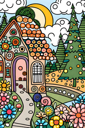 Seamless pattern with doodle houses and trees. Vector illustration.の素材