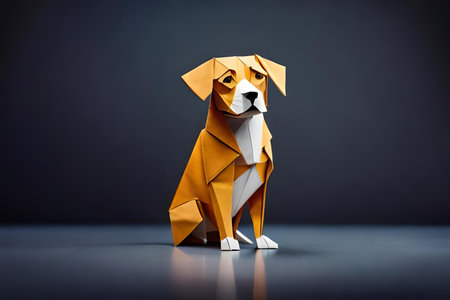 Paper origami dog isolated on dark background. 3d rendering.の素材