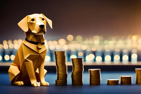 Golden dog on coin stack with bokeh background, business and finance concept.の素材