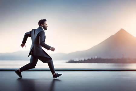 Businessman running in front of a mountain at sunrise. Mixed mediaの素材