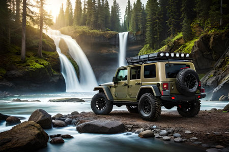 Off-road vehicle in front of a waterfall in the forest.の素材