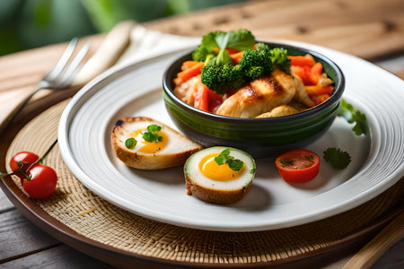 Baked chicken breast with egg and vegetables in bowl on wooden tableの素材