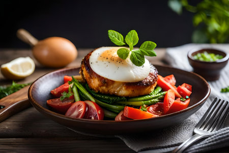 fried egg with green beans and tomatoes on a plate on a wooden tableの素材