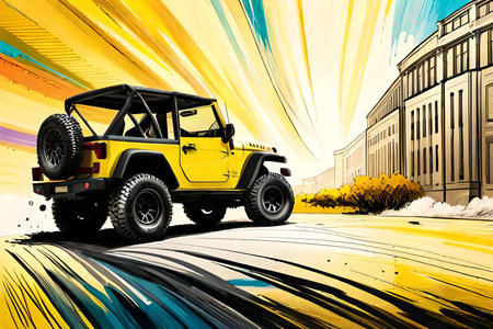 Yellow off-road car on the road in the city. Vector illustration.の素材