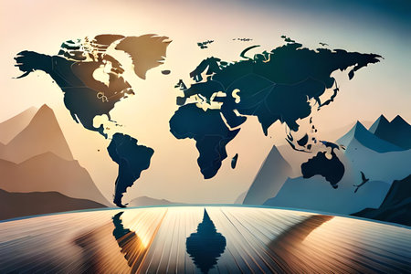 Abstract background with world map and wooden floor. Global business concept.の素材