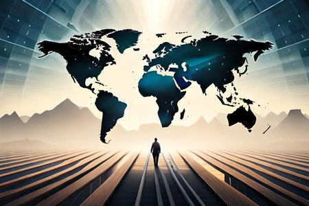 Conceptual image of a businessman in front of a world mapの素材
