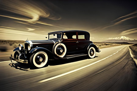 Vintage car on the road in the desert. 3d renderingの素材