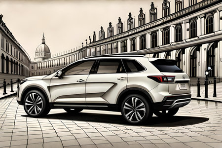 Sketch of a car on the background of the city.の素材