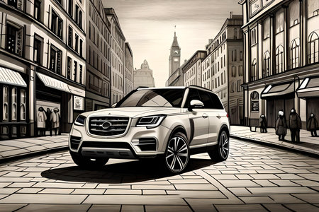 Sketch of a car on the background of the city.の素材