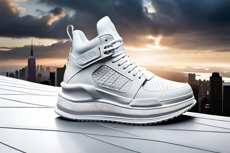 White sneaker on the background of the city. 3d renderingの素材