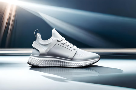Sneakers on the floor. 3d illustration. Clipping path includedの素材