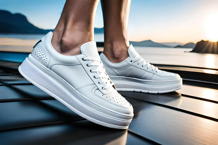 Female legs in white sneakers on the background of the sea and mountainsの素材