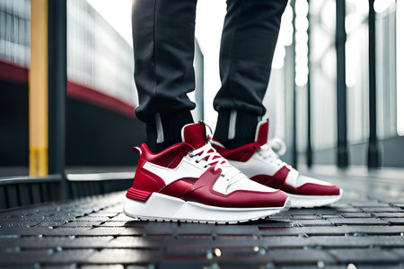 Fashionable young man in red sneakers walking on the street.の素材