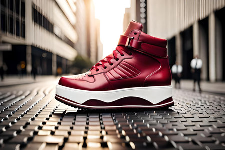 Red sneakers on the floor in the city. 3d rendering.の素材