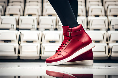 Female legs in red sneakers on a stand in a sports arena.の素材