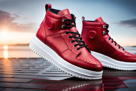 Red sport shoes on the background of the sky and the sea.の素材