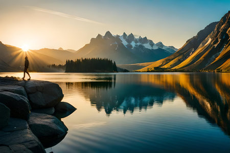 Beautiful alpine lake with reflection of mountains at sunrise, Canada.の素材
