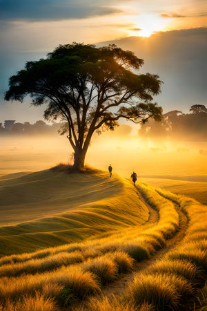 Silhouette of couple walking on the hill in the morning.の素材
