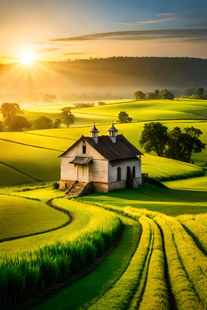 Sunrise over the rice fields in South Moravia, Czech Republicの素材