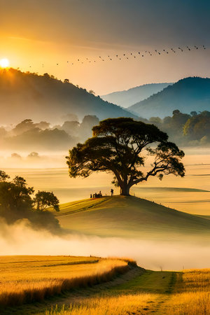 Landscape view of beautiful misty morning at Mae Hong Son province, Thailand.の素材