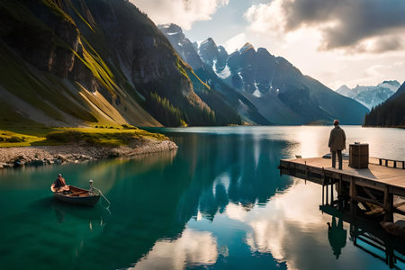 Fisherman on the pier of Moraine lake in Banff National Park, Canadaの素材