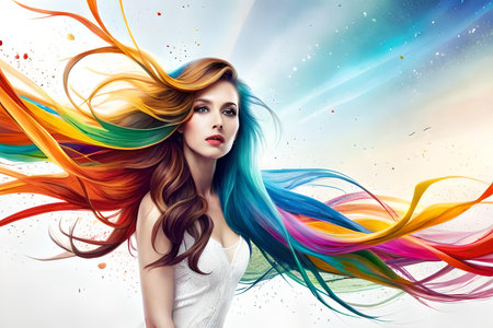 Portrait of beautiful young woman with colorful hair in the wind.の素材