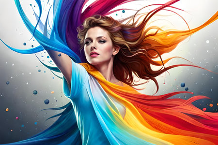 portrait of beautiful woman with colorful hairstyle on the abstract backgroundの素材