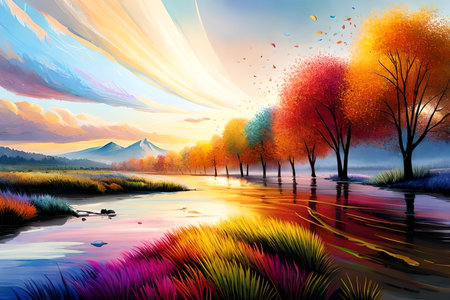 Autumn landscape with lake and mountain Fuji at sunset. Digital paintingの素材