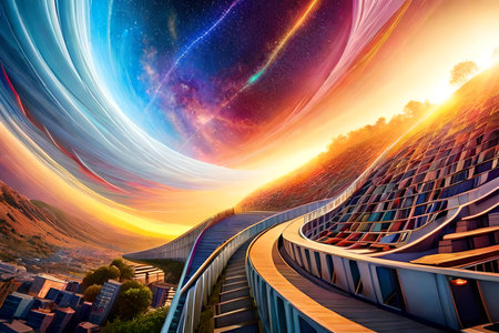 Futuristic cityscape at sunrise. Digital illustration. 3D renderingの素材