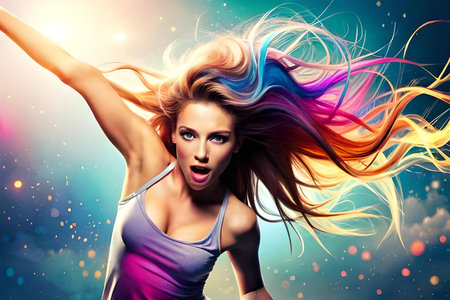 Portrait of a beautiful young woman with flying hair over colorful background.の素材