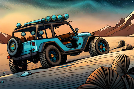 cartoon safari jeep in the desert at night - illustration for childrenの素材