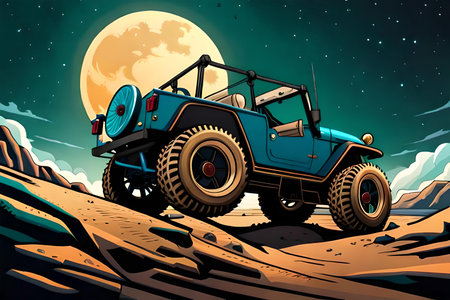vintage jeep in the desert at night with full moon illustrationの素材