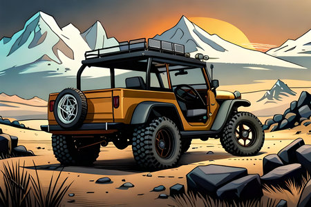Off-road vehicle in the mountains at sunset. Vector illustration.の素材