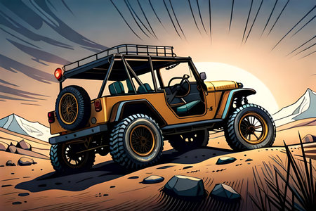 Off-road vehicle in the desert at sunset, vector illustration.の素材