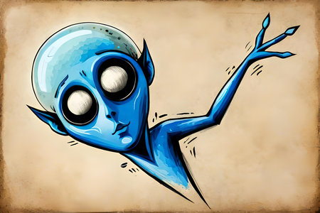 Hand drawn vector illustration of a blue alien on old paper background.の素材