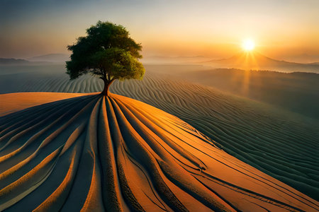 Beautiful landscape with lonely tree on sand dune at sunrise.の素材