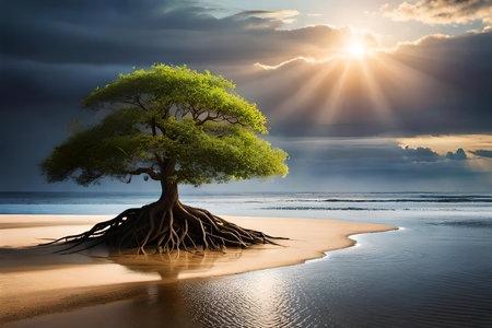 Beautiful green tree on the beach at sunset. 3d renderingの素材