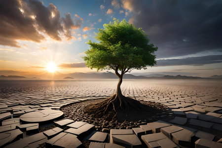 Green tree on cracked ground with sunset background. 3d render illustrationの素材