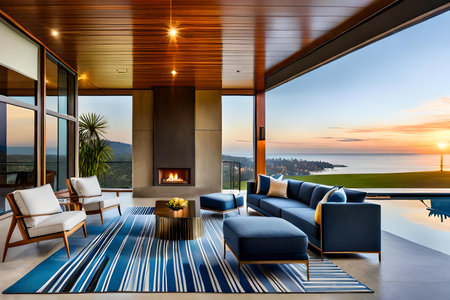 Luxury living room with blue sofa and fireplace on the balconyの素材