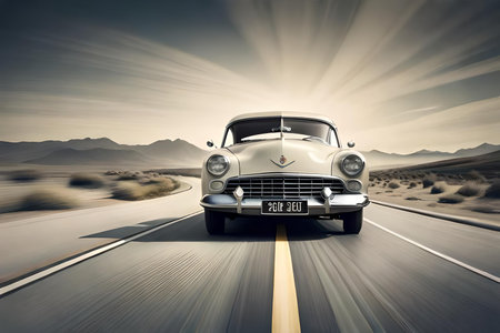 Classic car on the road in the desert. 3d rendering.の素材