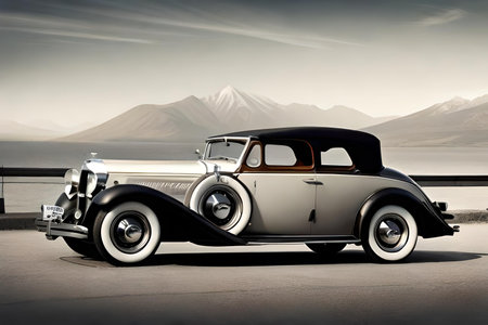 Vintage car on the road with mountains in the background. 3d renderingの素材