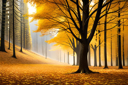 Autumn forest with yellow leaves and fog, 3d render.の素材