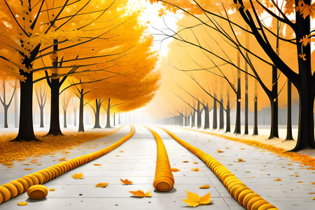 Autumn road in the park with yellow maple leaves. Vector illustration.の素材