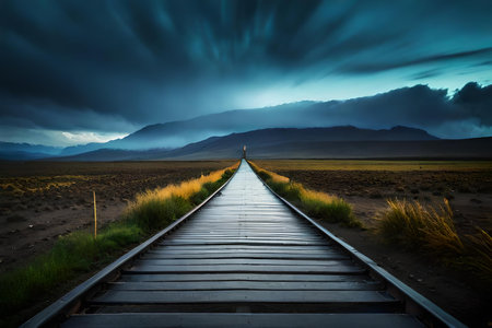 Dramatic sky over a railway track in New Zealand, South Islandの素材