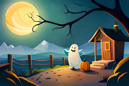 Halloween night landscape with ghost and house, vector cartoon illustration.の素材