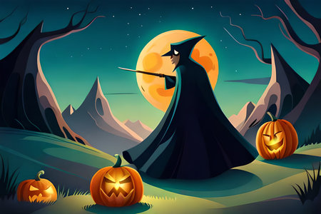 Vector illustration of Halloween background with witch and pumpkins in the forestの素材