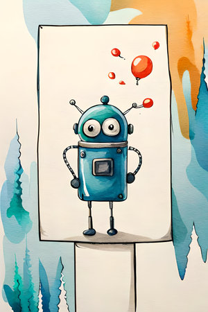 Cute blue robot with balloons on the wall. Watercolor illustration.の素材