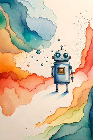 Cute cartoon robot with watercolor background. Digital art painting.の素材
